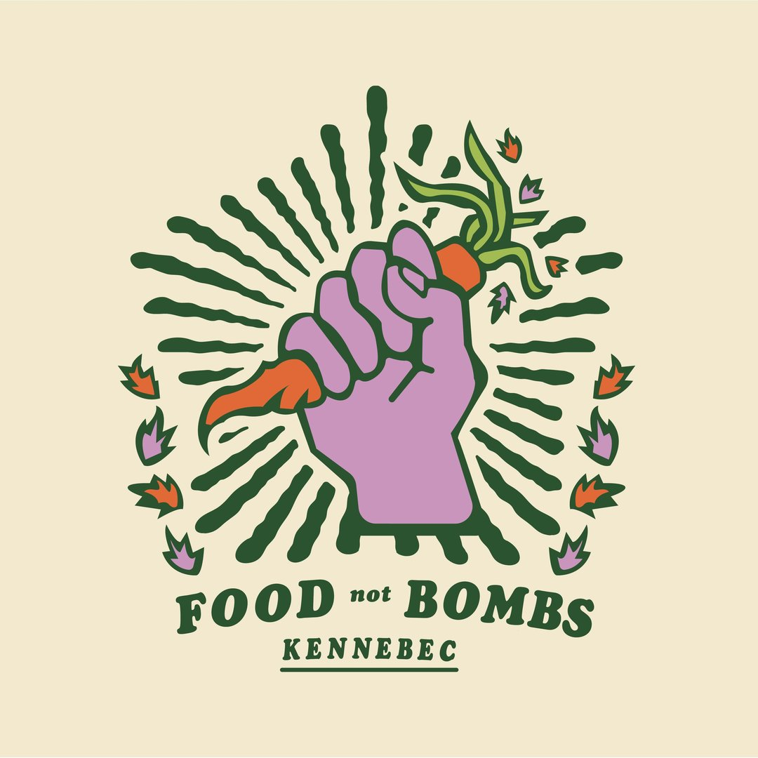 The Food Not Bombs Kennebec chapter logo, which is an illustration of the solidarity fist holding a carrot.