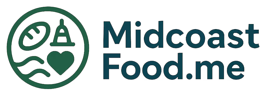 The Midcoast Food logo, which is a simplified illustration of a circle containing a loaf of bread, a lighthouse, a wave, and a heart alongside the website name 'MidcoastFood.me'.